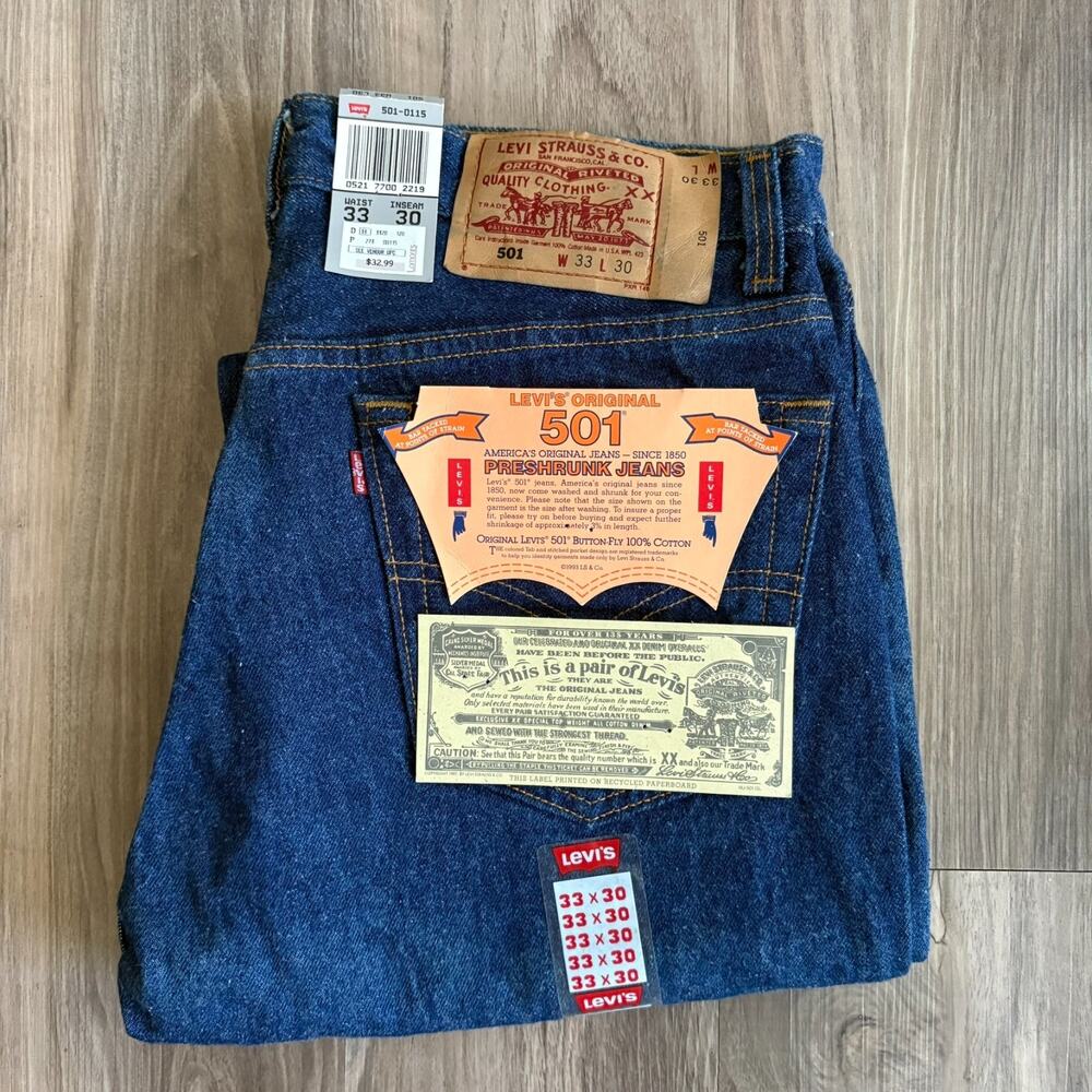 Vintage 1993 Deadstock Levis 501 Jeans 33x30 Made in USA 501-0000 Raw Denim